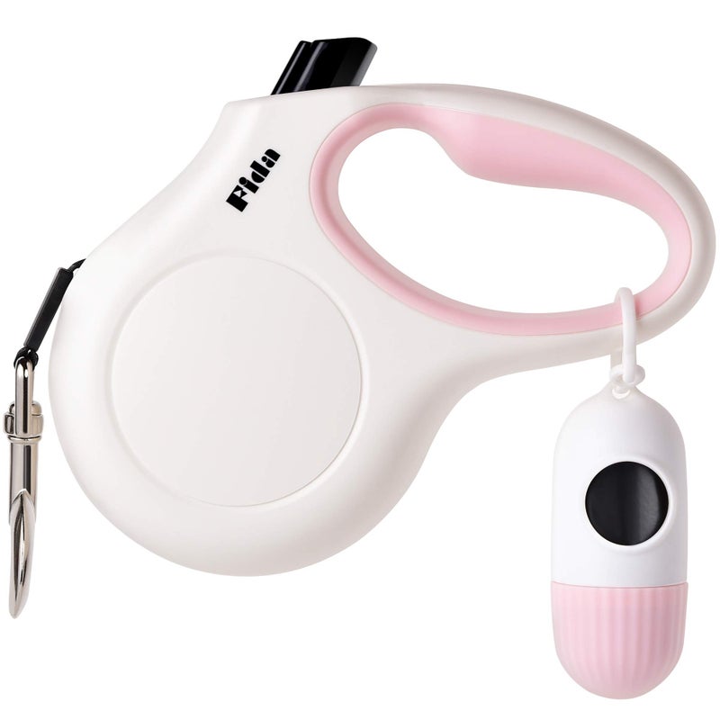 Fida Retractable Dog Leash for Small Breed up to 26 lbs, 16 ft Pet Walking Leash with Dispenser and Poop Bags, Anti-Slip Handle, Reflective Strong Nylon Tape, One-Handed Brake (S, White & Pink) - Image 1
